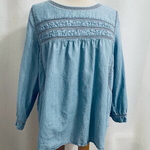 Soft Surroundings L Denim Top Linen Blend 3/4 Length Sleeves